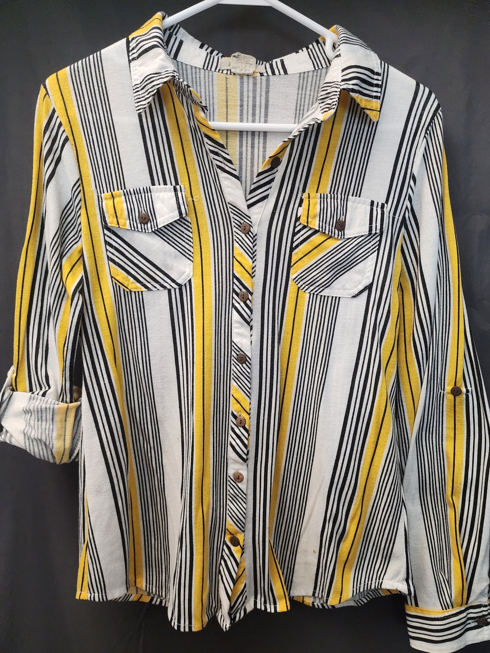 Passport Striped Button Down Shirt Roll Tab Sleeve Women’s Medium